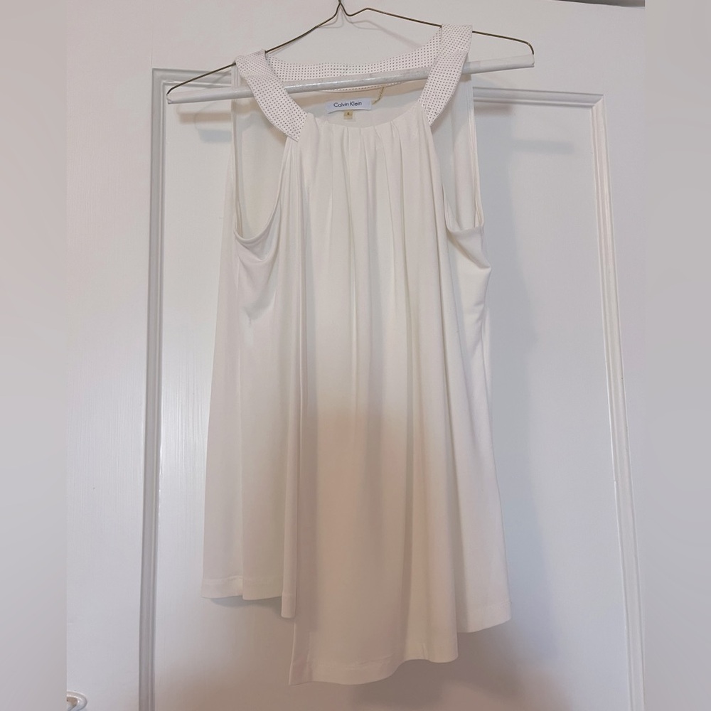 Calvin Klein White Going Out Top with Leather Details in Size S